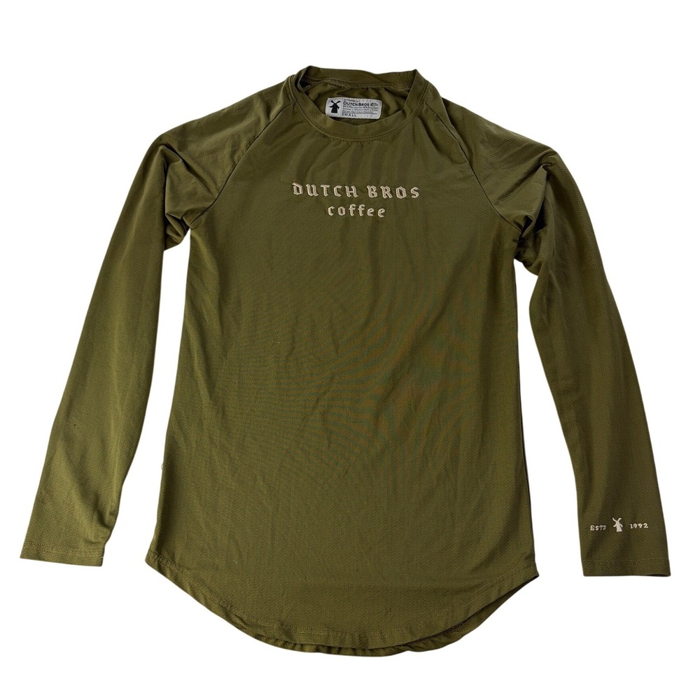 Dutch Bros Shirt Mens Small Embroidered Long Sleeve Performance Olive Green